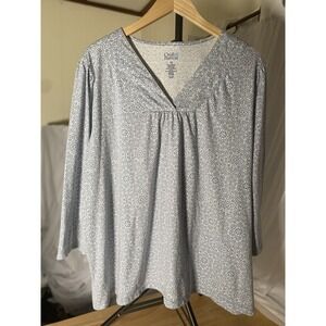 Croft & Barrow Women's Size 3X Blue and White Print 3/4 Sleeve Blouse Cotton
